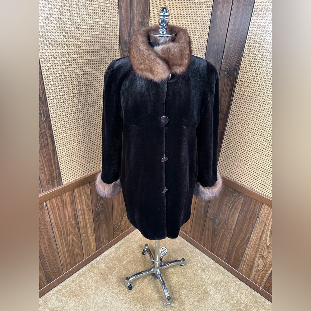 DYED BLACK SHEARED MINK W/ RUSSIAN SABLE TRIM REVERSIBLE TAFFETA FUR COAT JACKET